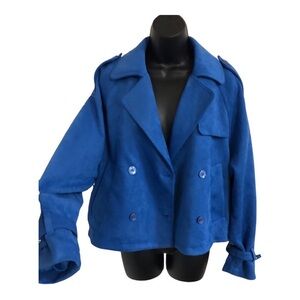 Rachel Roy royal blue suede double breasted short trench coat jacket size Medium